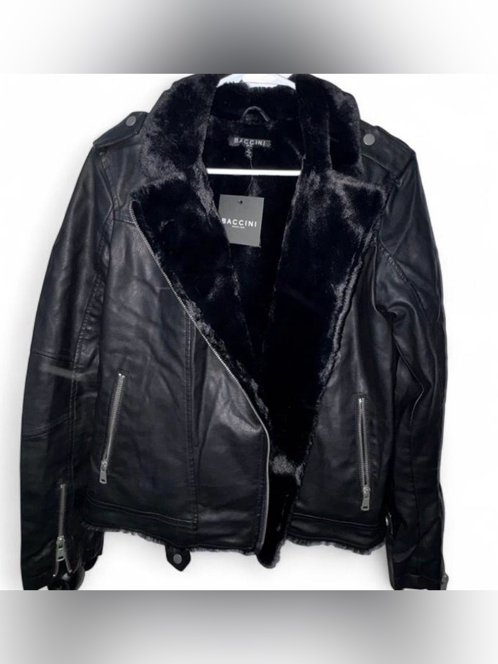 Baccini Black Faux Leather Shearling-Lined Moto Jacket